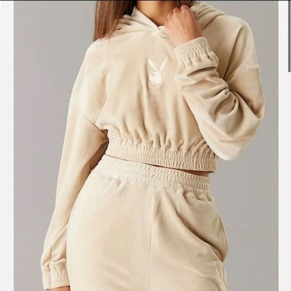 Playboy Velour Cropped Hoodie Sweater Tan Cream Size Large.